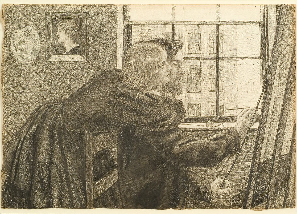 G P Boyce met Fanny Cornforth in Rossettis Studio, Chatham Place, ca. 1858 door Dante Gabriel Charles Rossetti