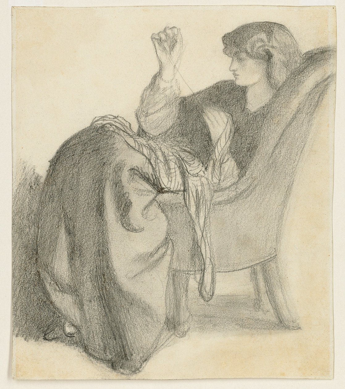 Lachesis: Studie van Jane Morris zittend in een stoel en aan het naaien, 1860s door Dante Gabriel Charles Rossetti