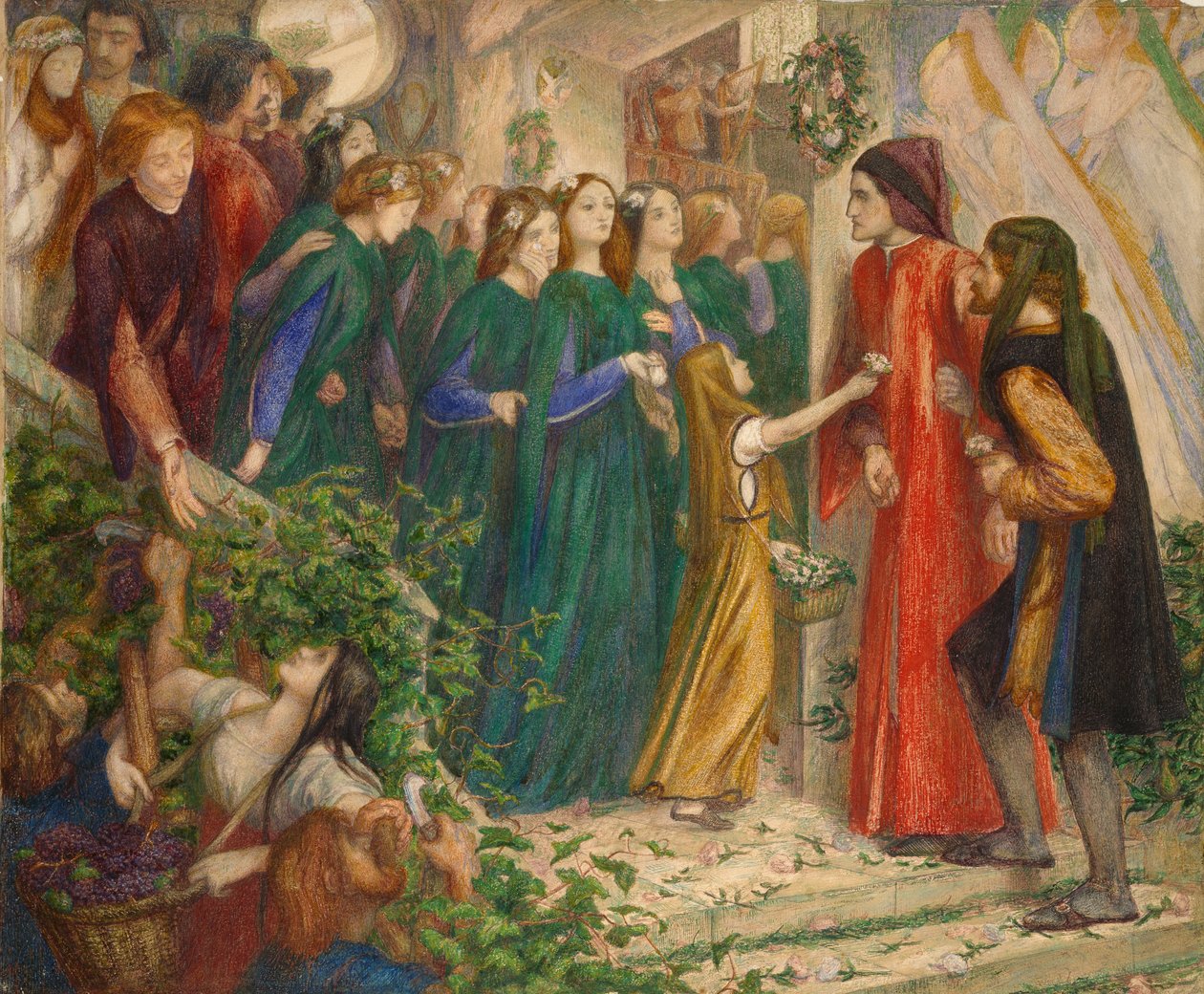 Beatrice op een huwelijksfeest die haar groet aan Dante weigert, 1851-1855 door Dante Gabriel Rossetti