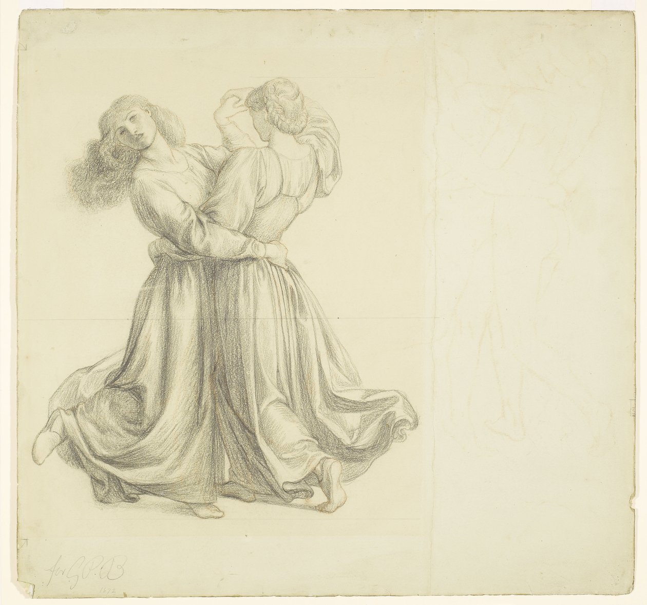 The Bower Meadow - Drapery Studie voor de dansende twee meisjes door Dante Gabriel Rossetti