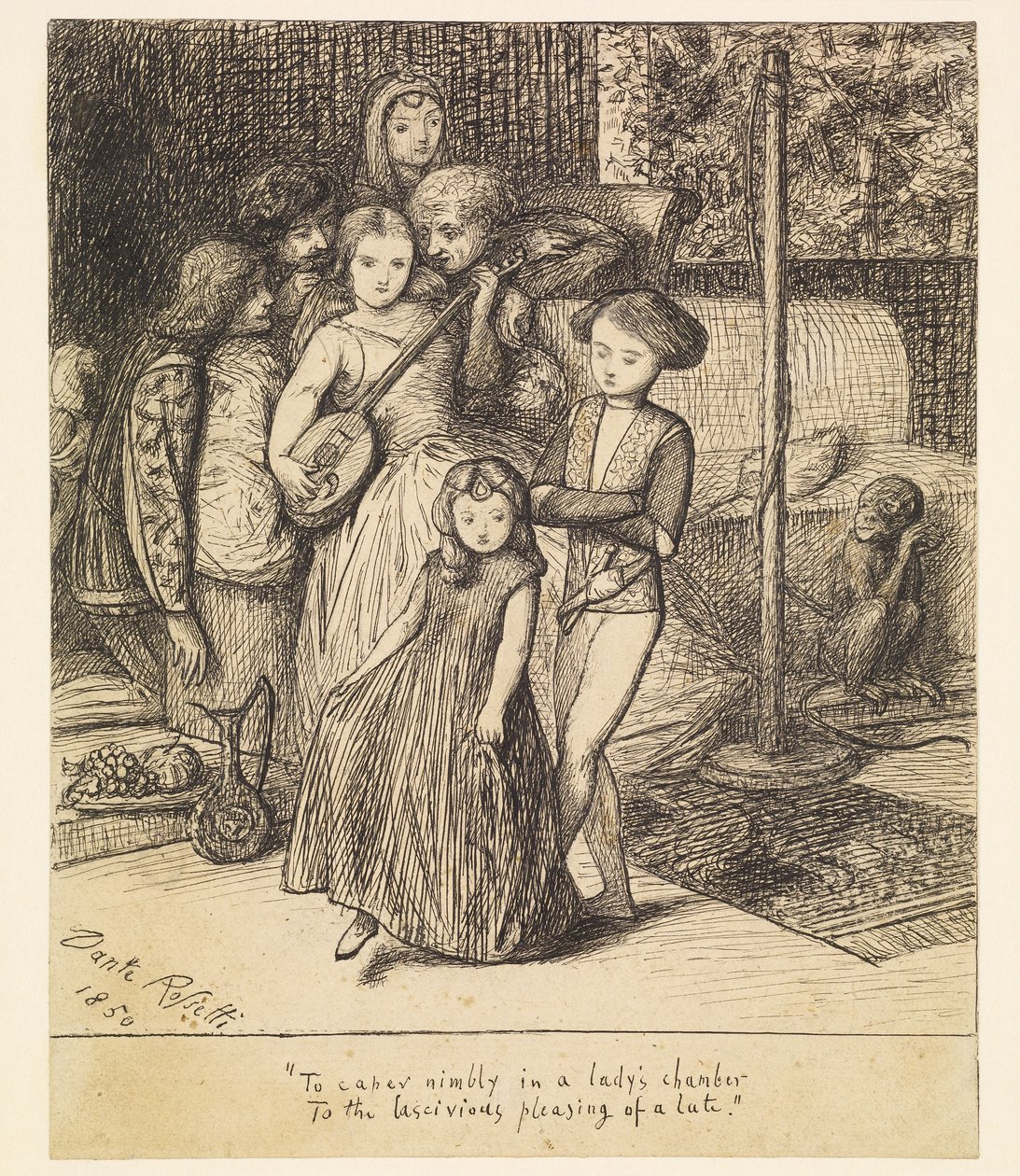 Lichtvoetig dansen in het vertrek van een dame bij het wellustige behagen van een luit door Dante Gabriel Rossetti
