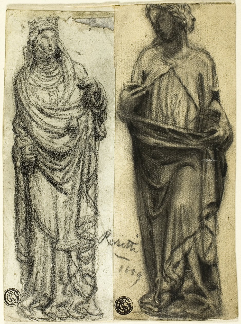 Twee studies van middeleeuwse sculptuur door Dante Gabriel Rossetti