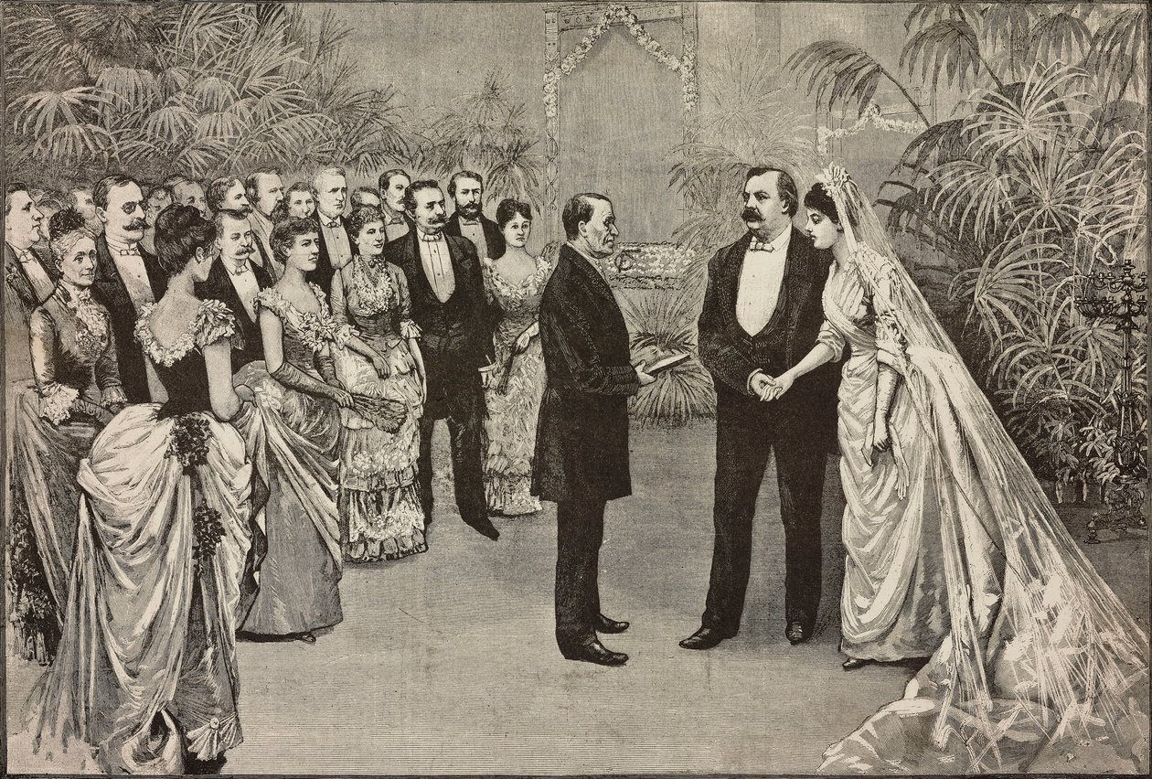 Huwelijk van de Amerikaanse president Grover Cleveland en Frances Folsom, 2 juni, Washington, Verenigde Staten van Amerika, tekening door Dante Paolocci, gravure uit L