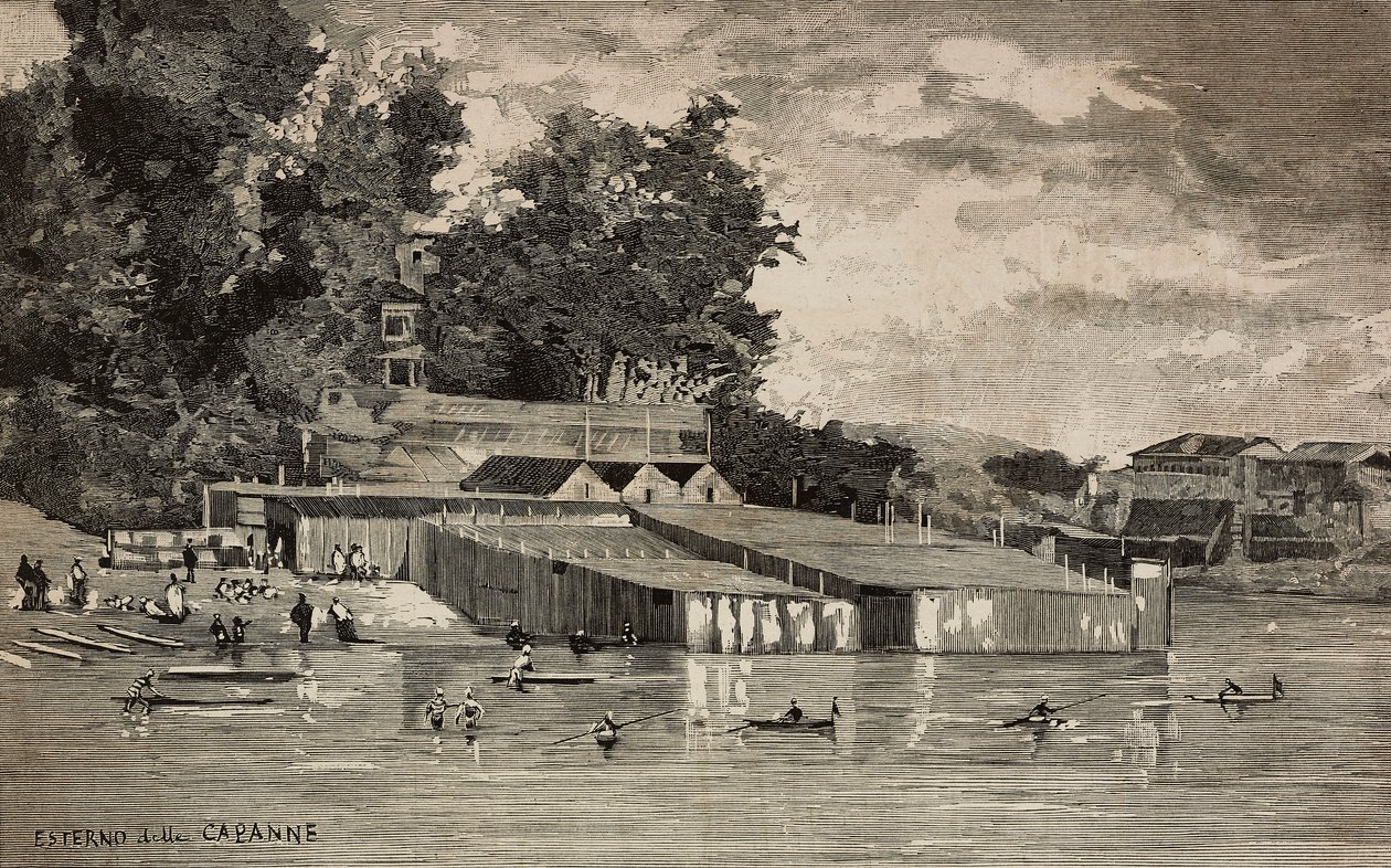 Badhuis, openbare baden van de Tiber in Rome, Italië, gravure naar tekening door Dante Paolocci, uit L