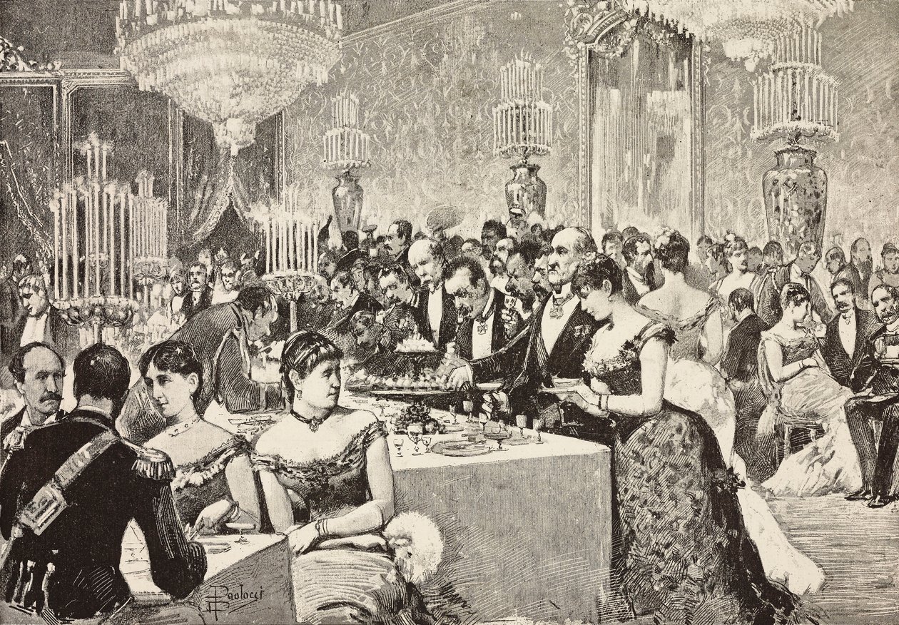 Buffetzaal, Hofbal in Quirinaal, Rome, Italië, gravure naar tekening van Dante Paolocci, uit L