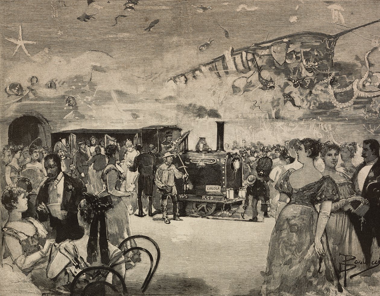 Carnavalsfeest in de Internationale Artistieke Club (Circolo Artistico) van Rome, Italië, gravure naar tekening van Dante Paolocci, uit L