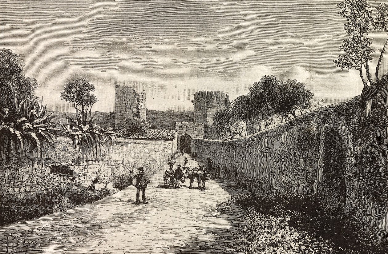Castello poort, Corneto Tarquinia, Italië, gravure naar tekening van Dante Paolocci, uit L
