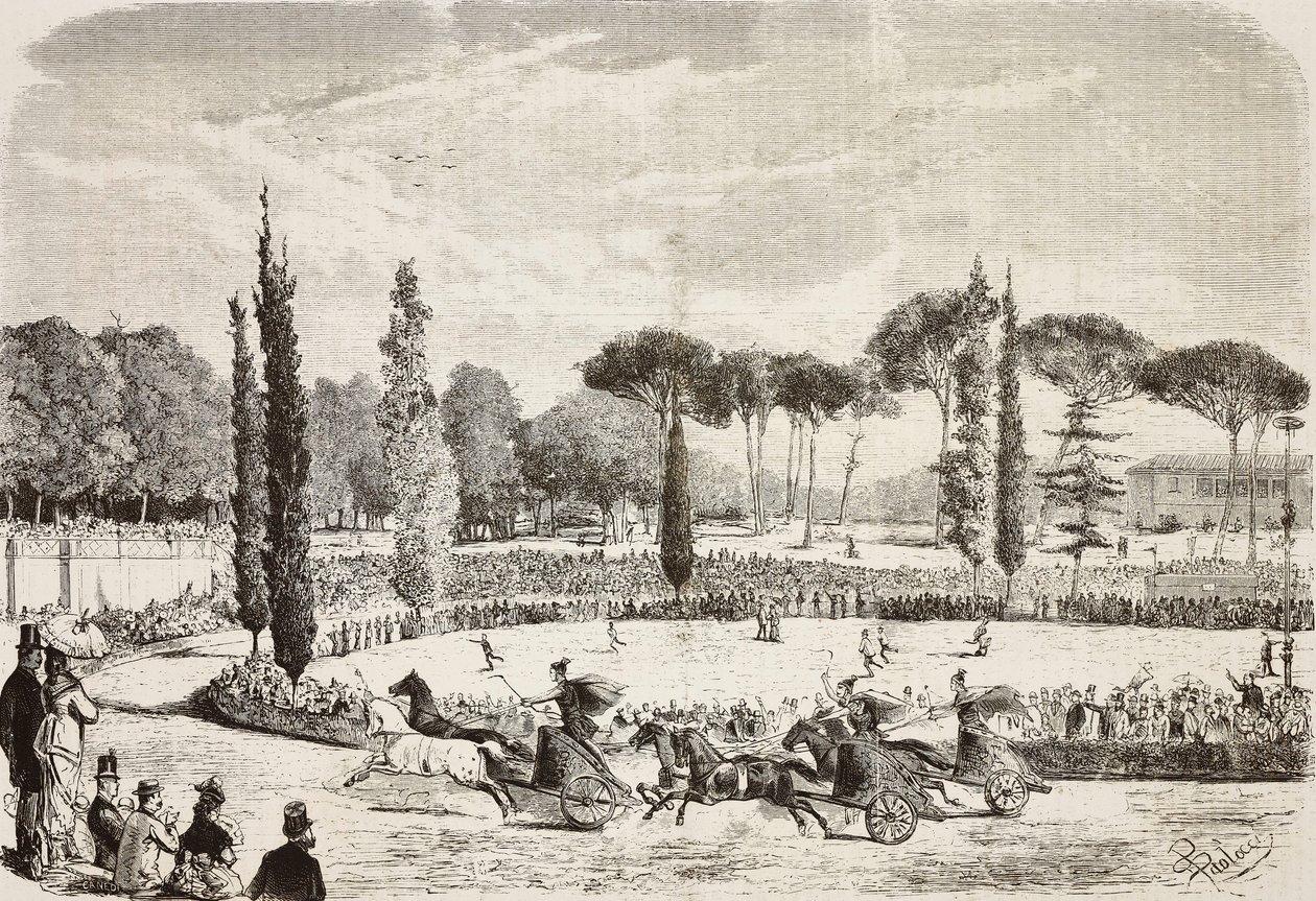 Wagenrennen in Villa Borghese, Rome, Italië, gravure naar tekening van Dante Paolocci, uit L