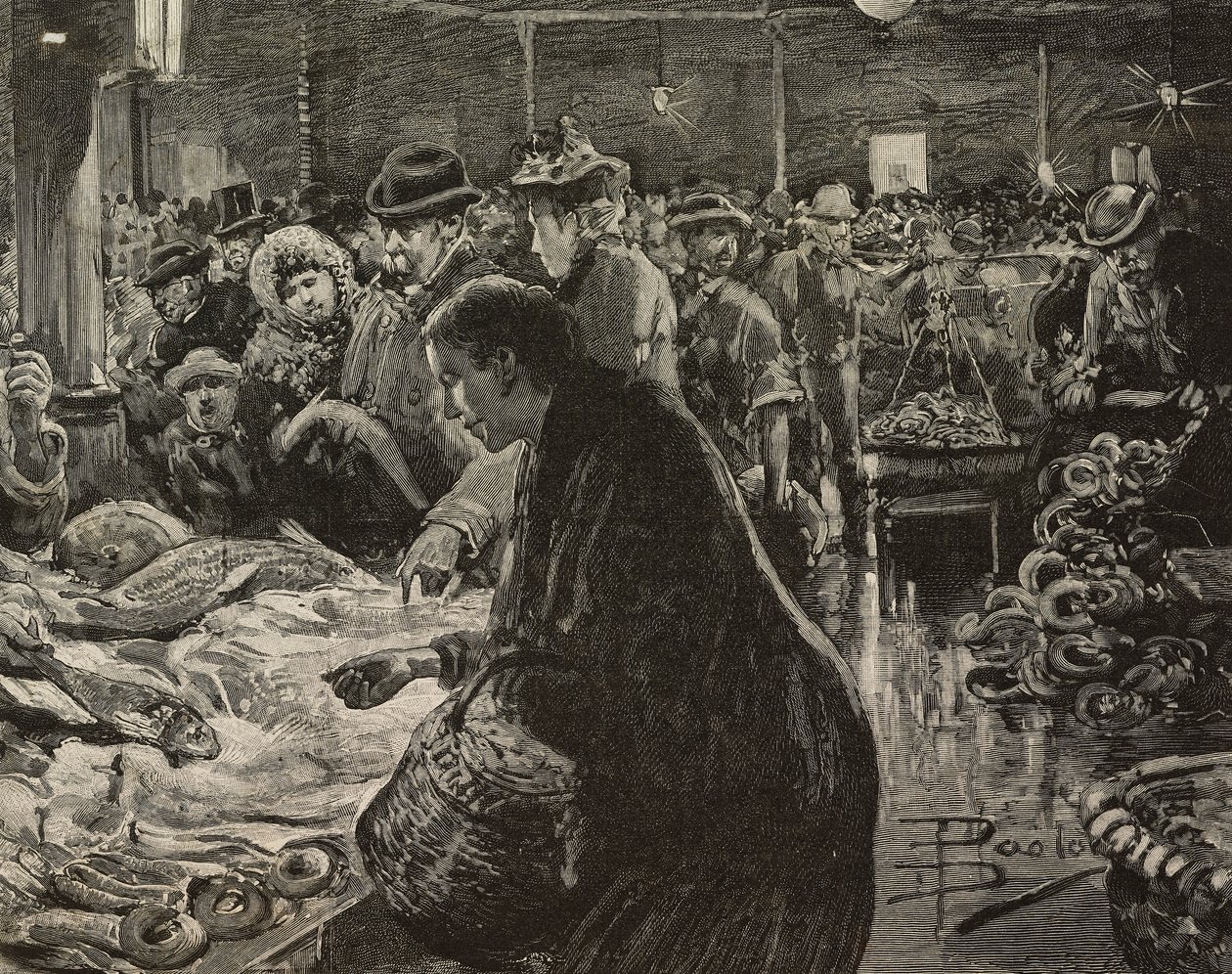 Kerstmarkt in Rome, Italië, gravure naar tekening van Dante Paolocci, uit L