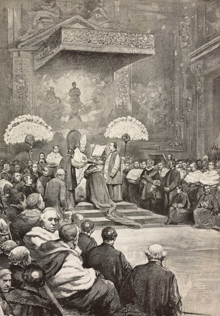 Consistorie op 13 november, Paus Leo XIII waar hij nieuwe kardinalen creëerde, Vaticaan, gravure naar tekening van Dante Paolocci, uit L