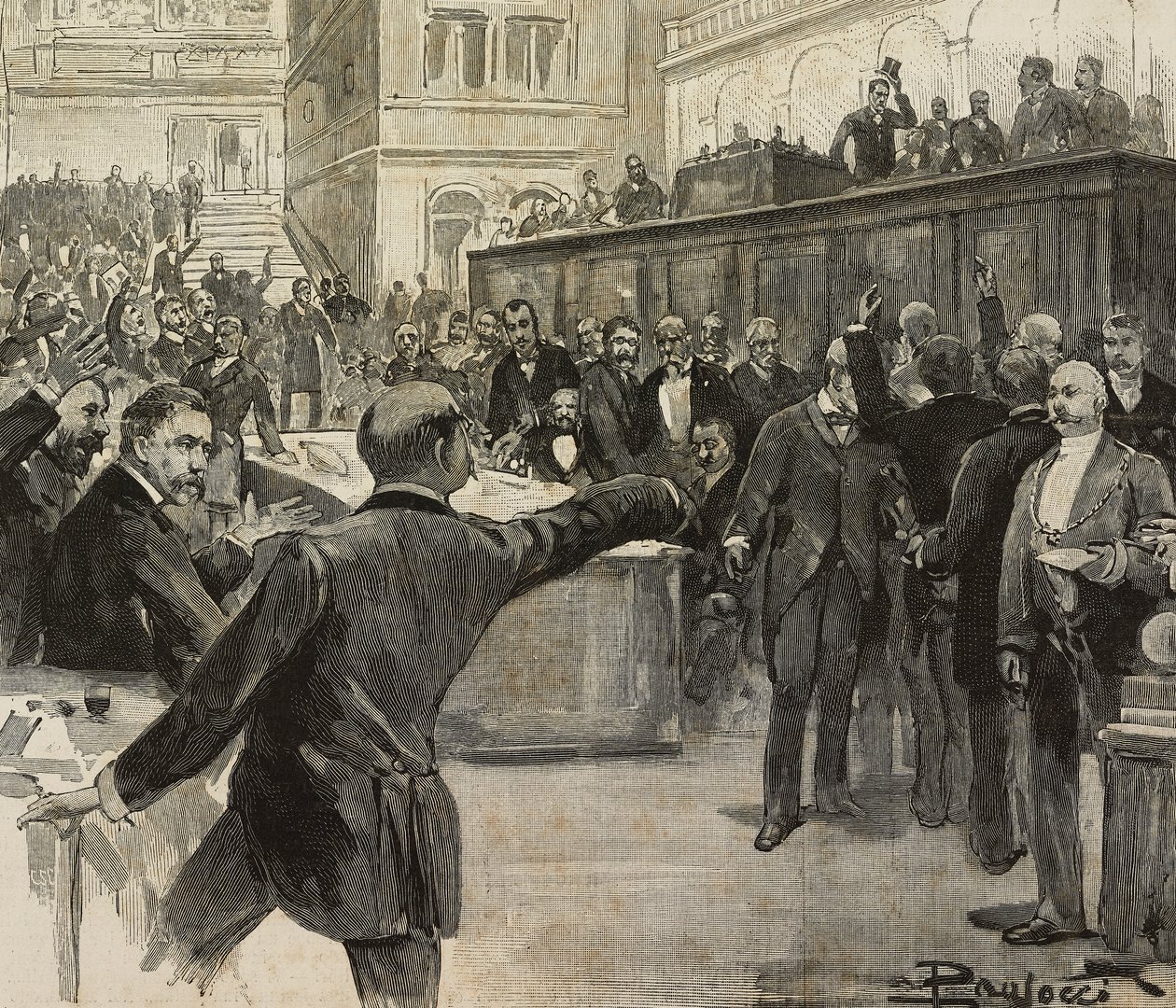 Controverse in de Kamer van Afgevaardigden na het lezen van het rapport van het Comité van Zeven (Comitato dei Sette) belast met het onderzoek naar bankverantwoordelijkheden, 23 november door Dante Paolocci