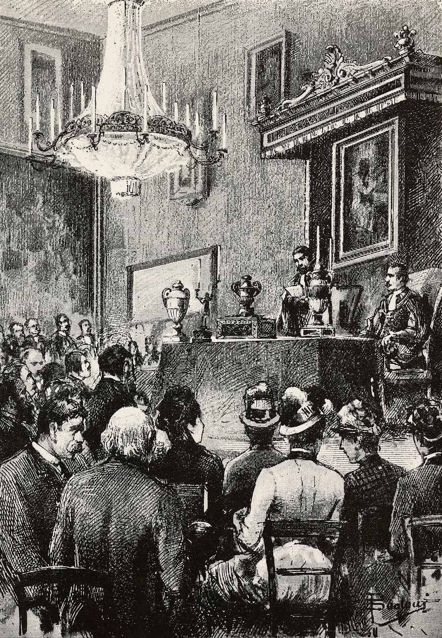Verkiezing van Regenten in de Republiek San Marino, gravure naar tekening van Dante Paolocci, uit L