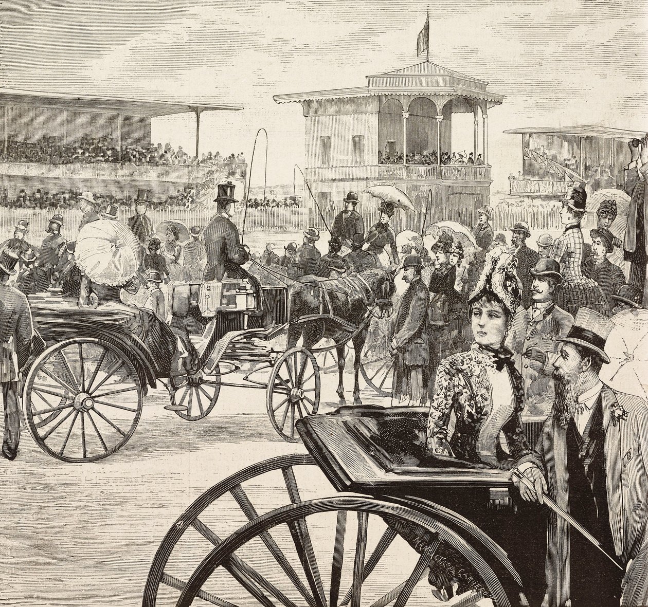 Elegante mannen en vrouwen die een paardenrace bijwonen op de renbaan, Rome, Italië, gravure naar een tekening van Dante Paolocci, uit L