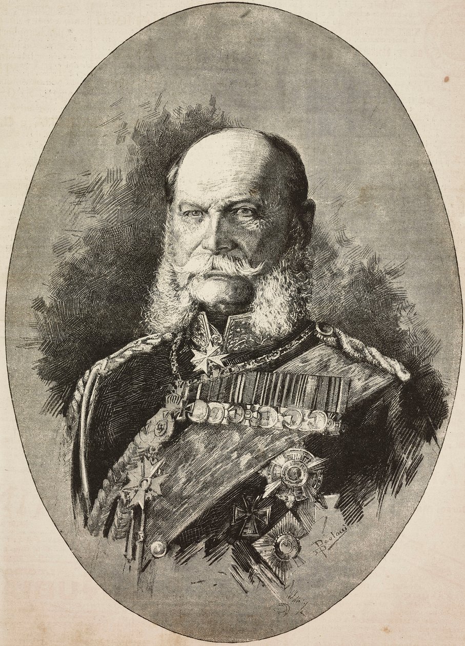 Keizer Wilhelm I van Duitsland (1797-1888) in 1887, gravure naar tekening van Dante Paolocci, uit L