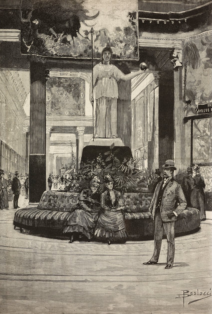 Tentoonstelling van stoffen en kant, Rotonda en Stoffengalerij, Rome, Italië, gravure naar tekening van Dante Paolocci, uit L