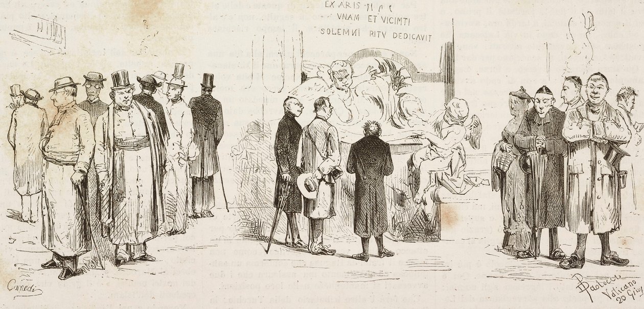 Duitse pelgrims in Rome, gravure door Dante Paolocci en Canedi, uit L