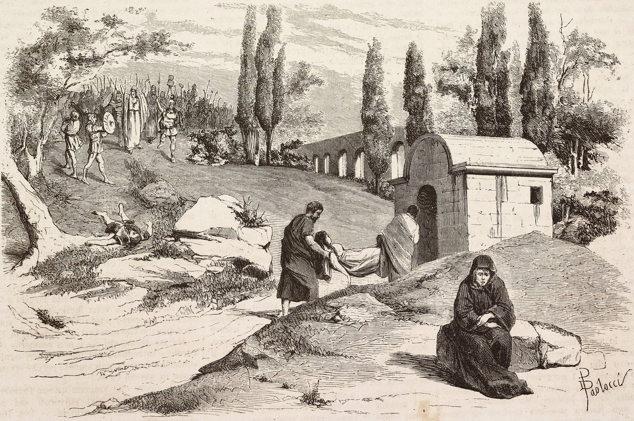 In het noodlottige kamp, Rome Vaincue door Alexandre Parodi, Act V, gravure door Dante Paolocci naar schetsen van Zandomenico, uit L