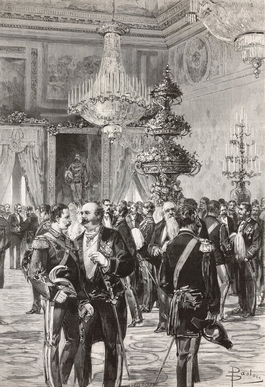 Italiaanse politici en officieren vieren oudejaarsavond in het Quirinaal Paleis, Rome, Italië, gravure door Centenari naar tekening van Dante Paolocci, uit L