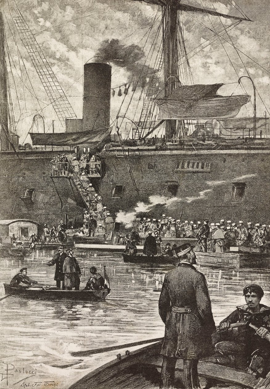 Italiaanse soldaten aan boord van slagschip Principe Amedeo, Italiaanse expeditie in Rode Zee, Napels, Italië, gravure naar tekening van Dante Paolocci, uit L