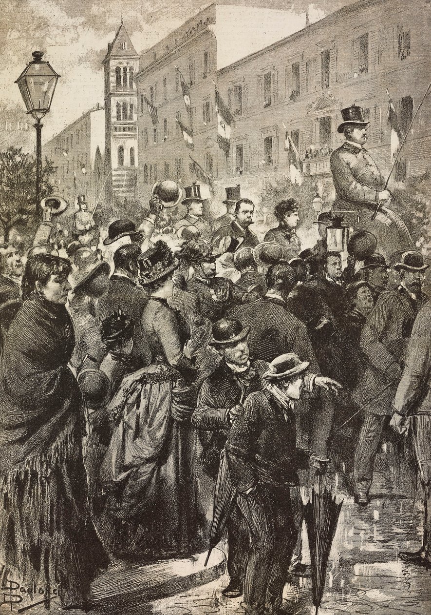 Koning Umberto I en Koningin Margherita terugkerend van hun bezoek aan Napels getroffen door cholera, Rome, Italië, gravure naar tekening van Dante Paolocci, uit L