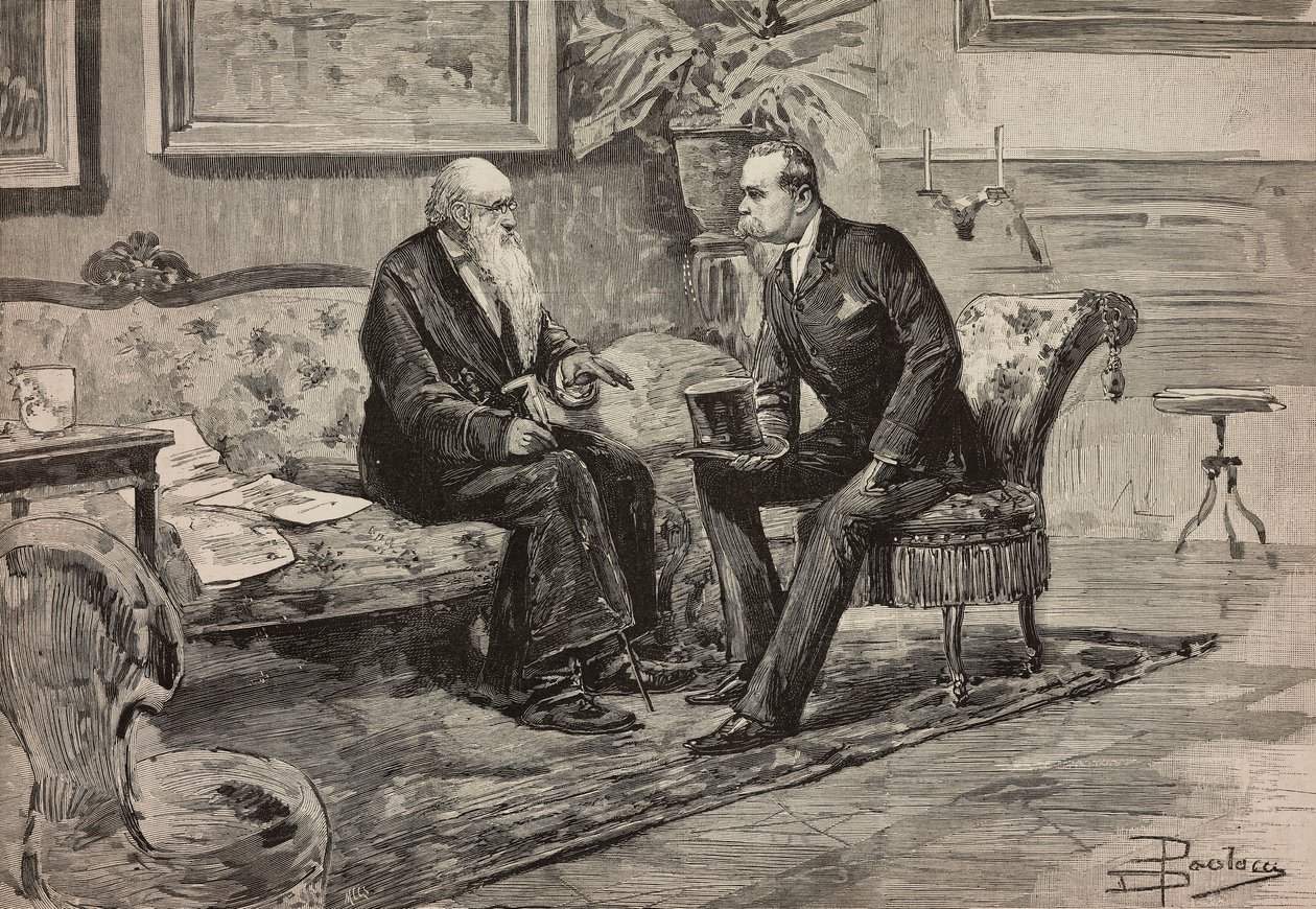 Koning Umberto I van Savoye (1844-1900) en president van de Raad Agostino de Pretis (1813-1887), gravure naar tekening van Dante Paolocci, uit L
