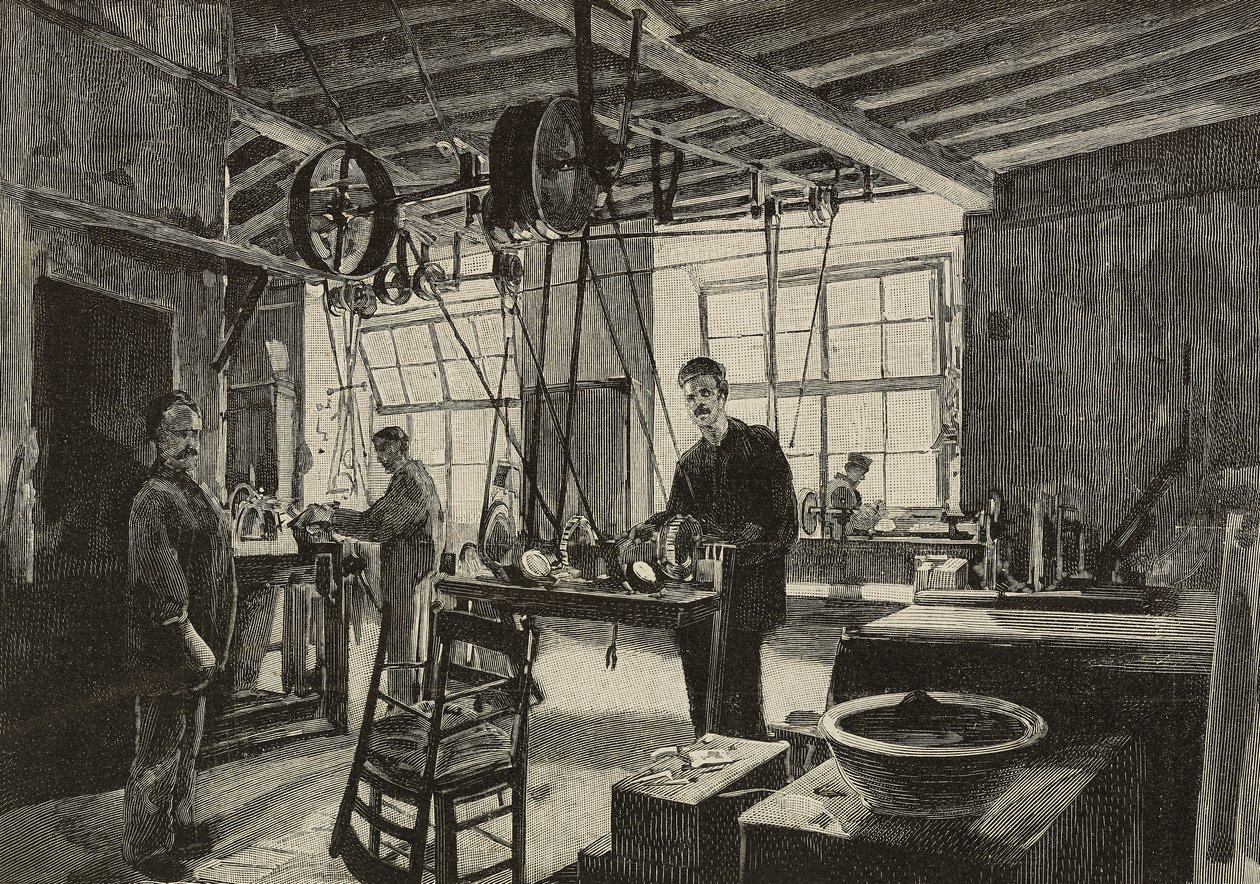 Mechanische werkplaats in de munt van Rome, Italië, gravure naar tekening van Dante Paolocci, uit L