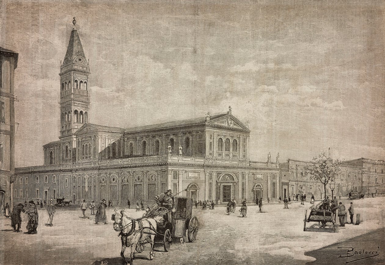 Nieuwe kerk van het Heilig Hart in Rome, Italië, gravure naar tekening van Dante Paolocci, uit L