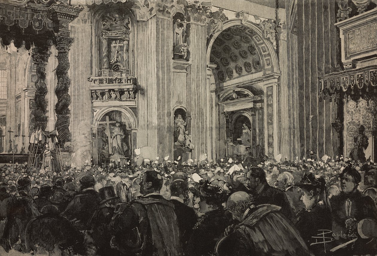 Pauselijke zegen ter gelegenheid van het Episcopaal Jubileum van Leo XIII, Sint-Pietersbasiliek, Vaticaan, gravure naar tekening van Dante Paolocci, uit L