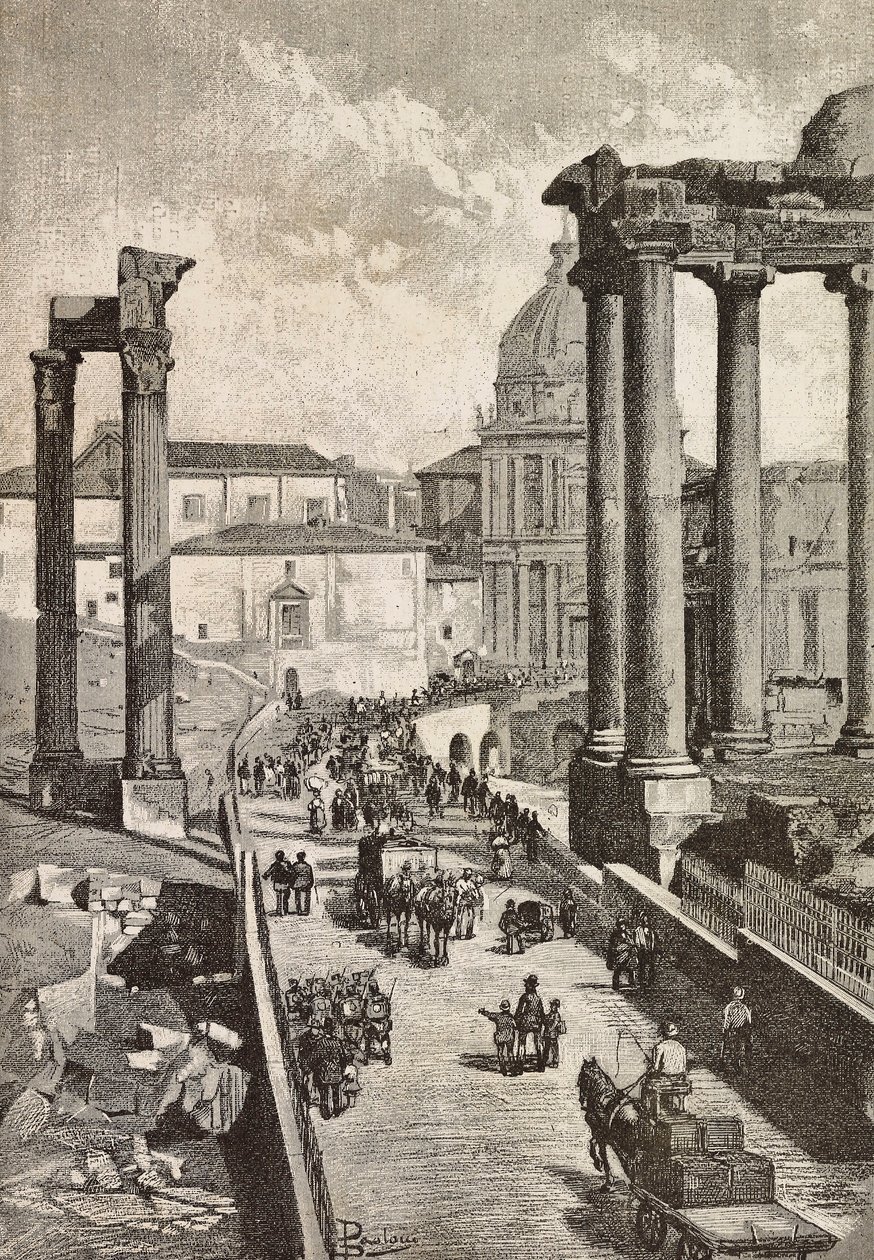 Doortocht door het Forum, Rome, Italië, gravure naar tekening van Dante Paolocci, uit L