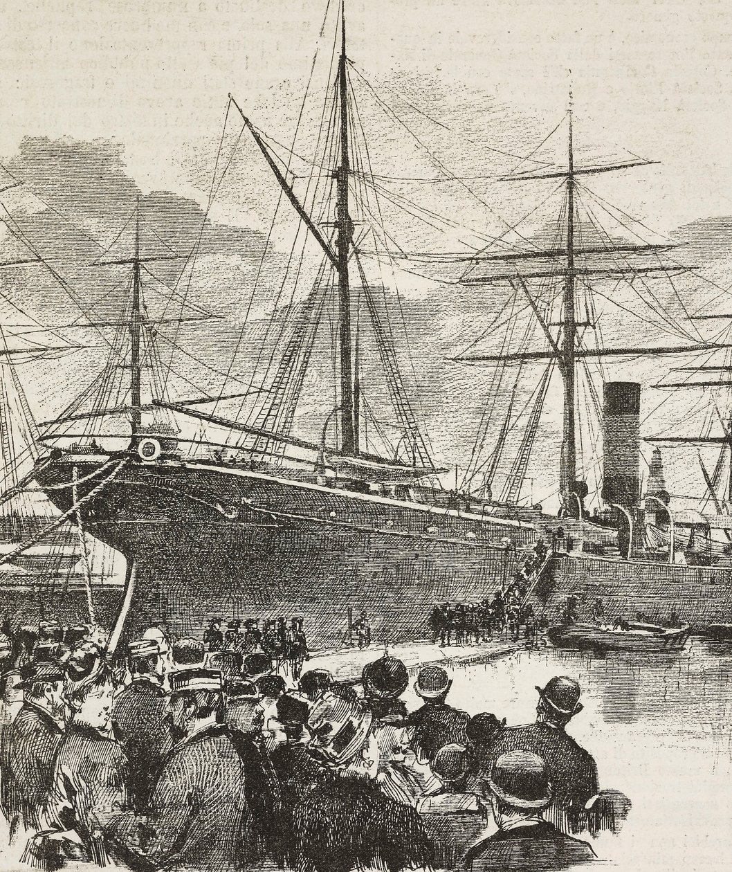 Mensen bij het inschepen van Bersaglieri, korps van het Italiaanse leger, op schip Gottardo, Italiaanse expeditie in de Rode Zee, gravure naar tekening van Dante Paolocci, uit L
