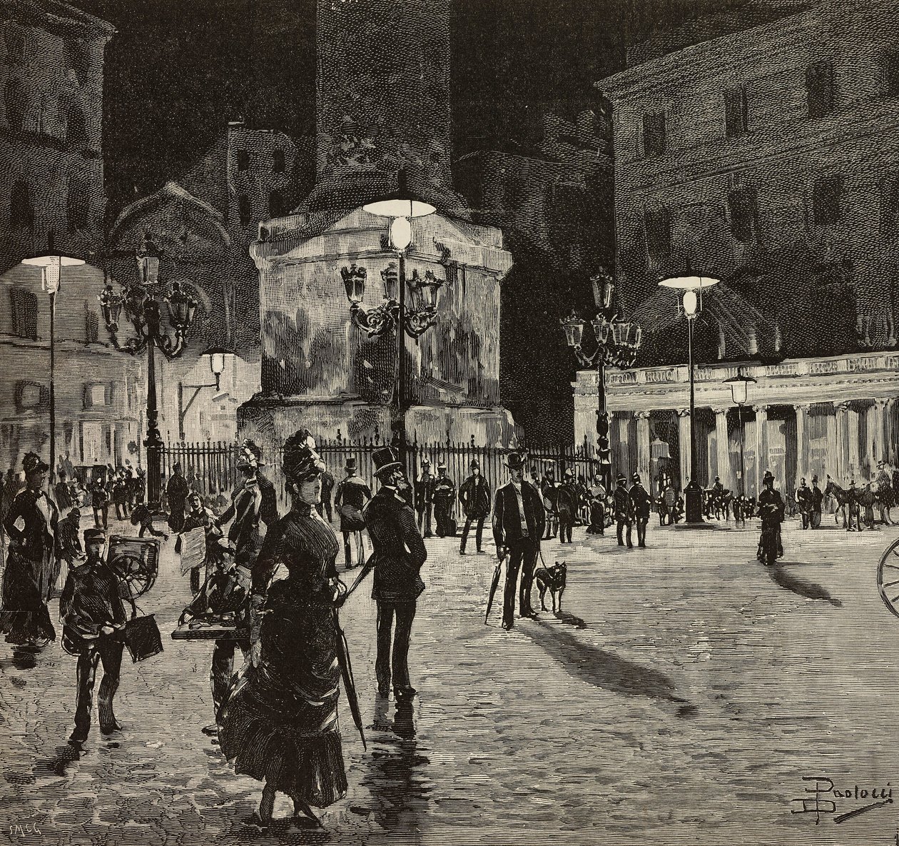 Piazza Colonna verlicht met elektrisch licht, Rome, Italië, tekening door Dante Paolocci, gravure uit L
