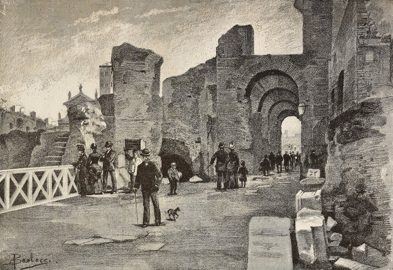 Openbare wandelweg (Summa Nova Via) in Palazzo dei Cesari, Rome, Italië, gravure naar tekening van Dante Paolocci, uit L