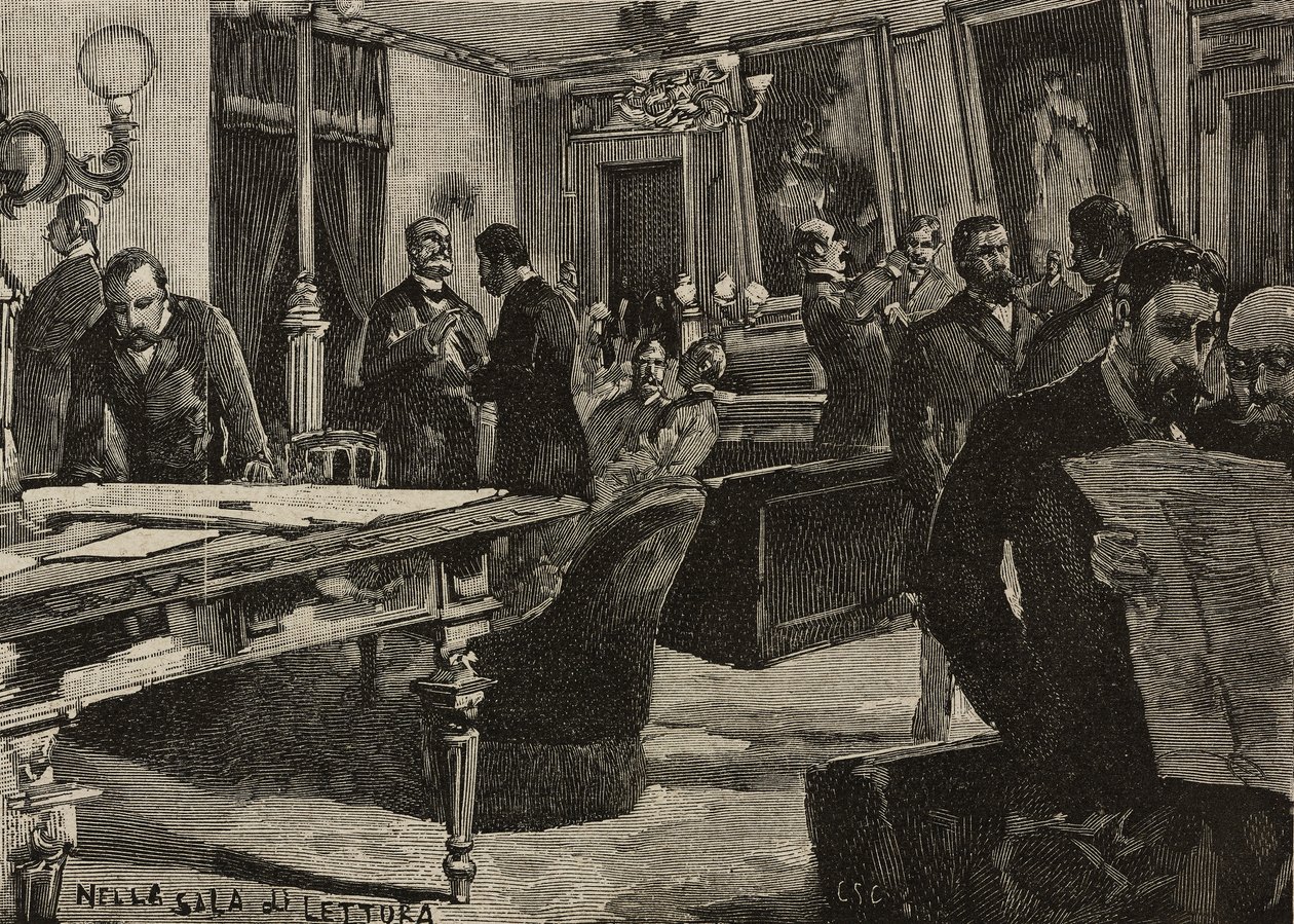 Leeszaal in Palazzo Montecitorio, Rome, Italië, gravure naar tekening van Dante Paolocci, uit L