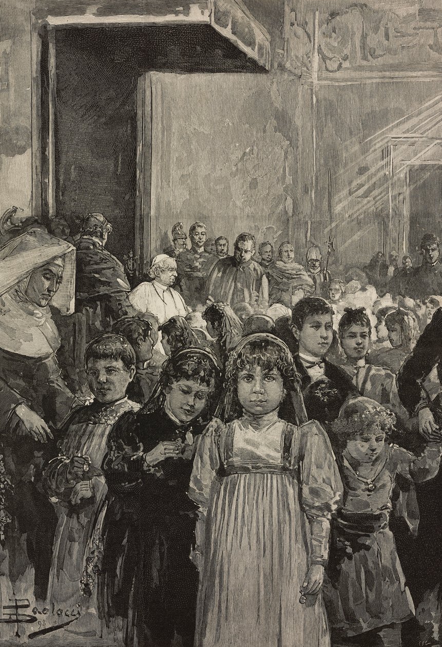 Ontvangst van kinderen bij jubileumvieringen van paus Leo XIII, Vaticaan, gravure naar tekening van Dante Paolocci, uit L