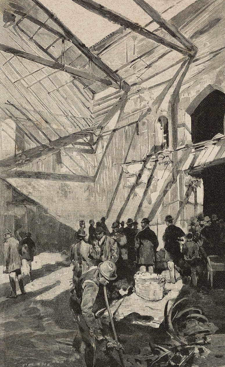 Restanten van het Israëlische theater na de brand van 1893, Rome, Italië, gravure naar tekening van Dante Paolocci, uit L