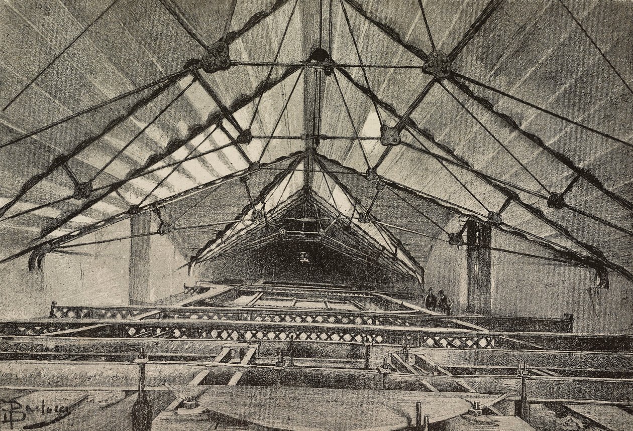 Dak en de metalen vakwerkconstructie die het plafond ondersteunt, nieuwe arm van de Aartsbasiliek van Sint-Jan van Lateranen, Rome, Italië door Dante Paolocci