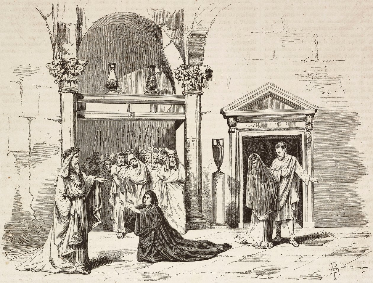 Kabinet van de Opperste Pontifex in het paleis, Postumia smeekt Fabio Massimo, Rome Vaincue door Alexandre Parodi, Act V, gravure door Dante Paolocci naar schetsen van Zandomenico, uit L