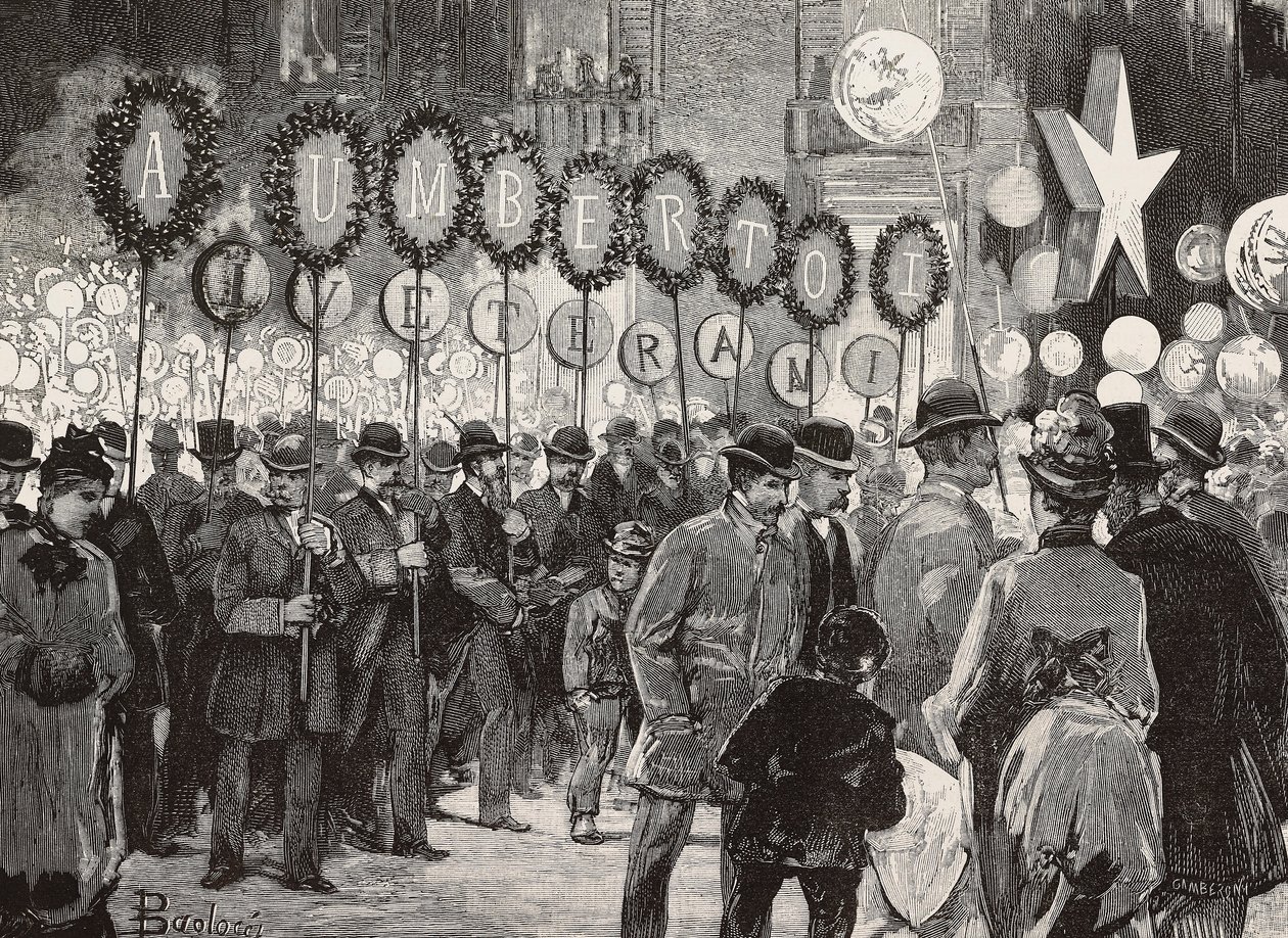 Fakkeltocht ter ere van koning Umberto I op de avond van 1 december, Rome, Italië, gravure naar tekening van Dante Paolocci, uit L