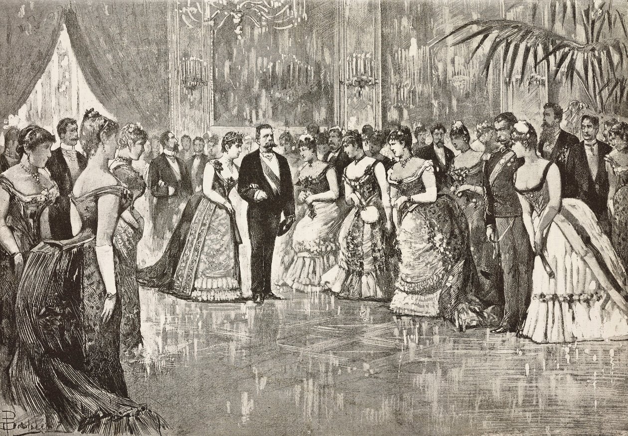 Umberto I (1844-1900), Koning van Italië, en zijn vrouw Margherita van Savoye (1851-1926) op bal in Quirinal Paleis, Rome, Italië, gravure naar tekening van Dante Paolocci, uit L