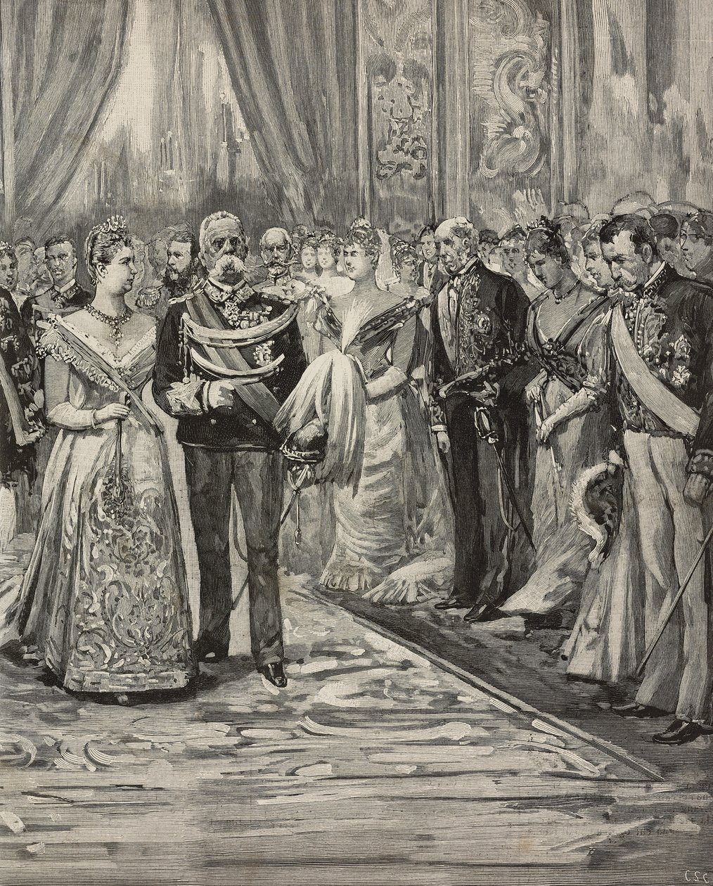 Umberto I en Margherita van Savoye bij concert ter gelegenheid van hun zilveren huwelijk, Palazzo del Quirinale, Rome, Italië, gravure naar tekening van Dante Paolocci door Dante Paolocci