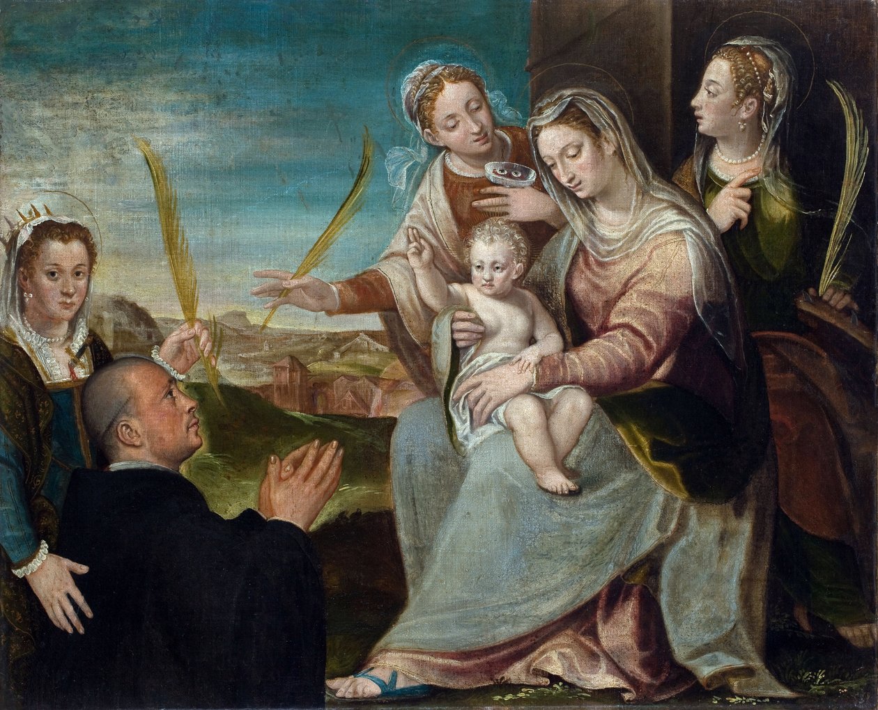 De Maagd en het Kind met Sint-Catharina, Sint-Lucie, Sint-Justina van Padua en een benedictijnse monnik door Dario the Elder Varotari