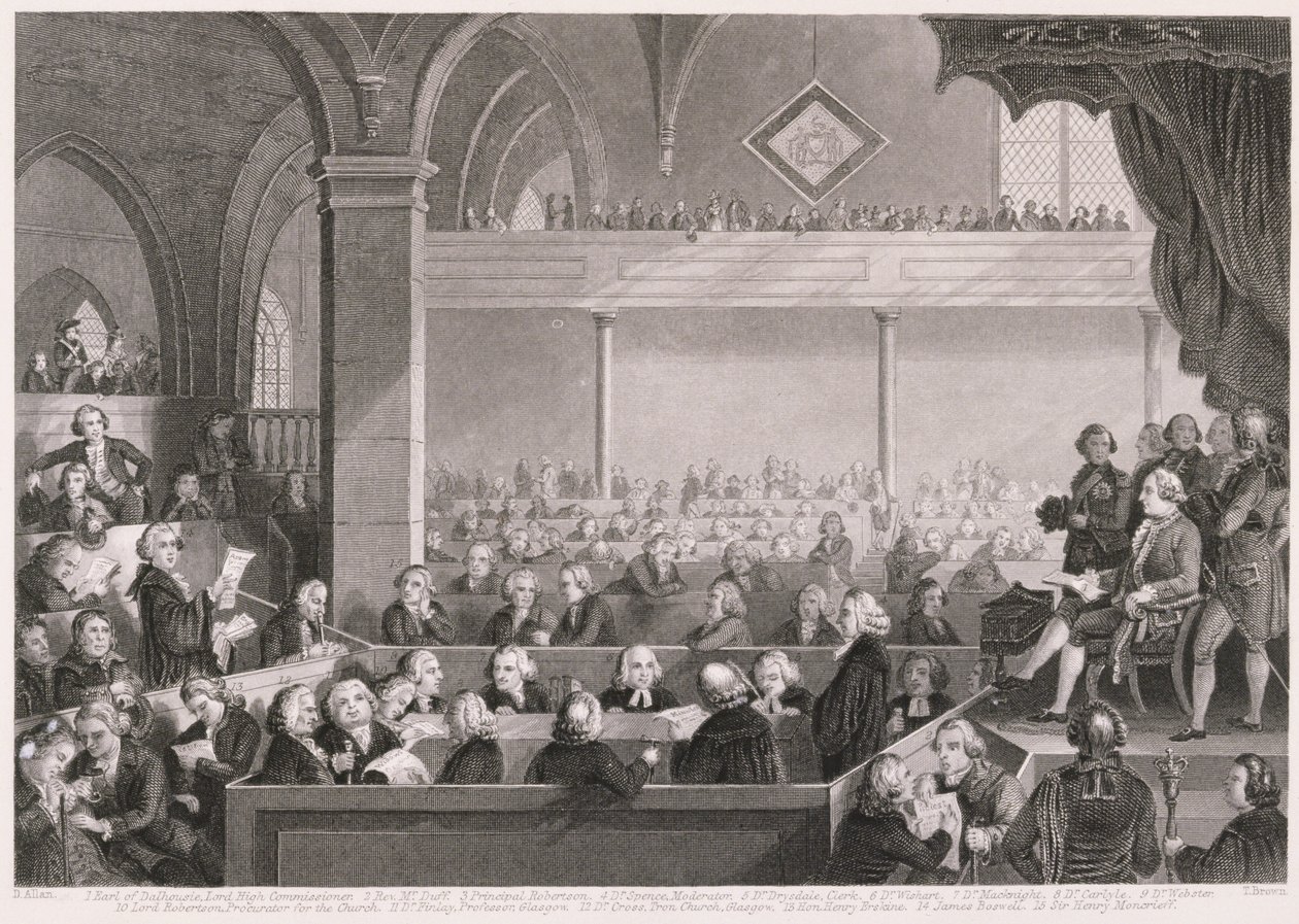 De Algemene Vergadering van de Kerk van Schotland zoals in 1783, gegraveerd door T. Brown, uit 