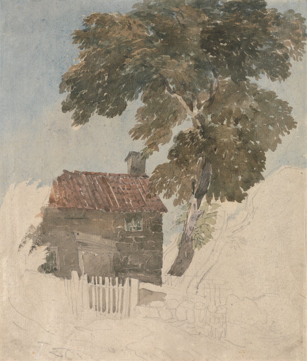 Huisje en bomen door David Cox