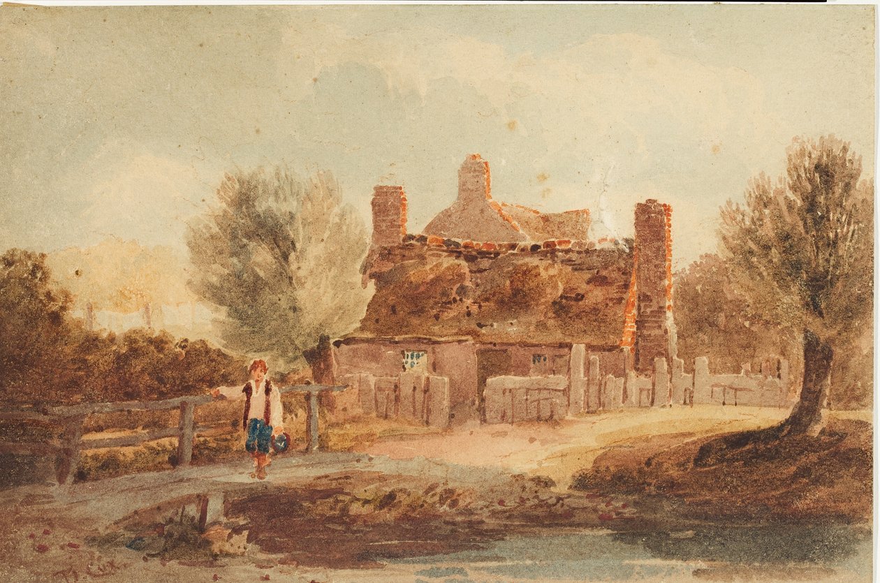 Plattelandsscène - huis bij een vijver door David Cox