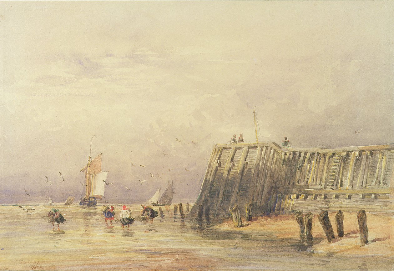 Zeegezicht met zeilende schuiten en figuren wadend aan de kust, 1832 door David Cox