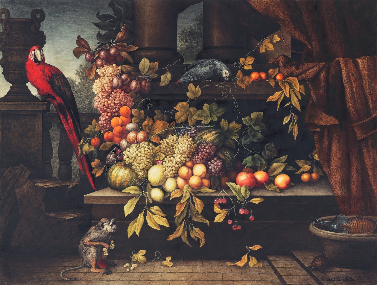 Een stilleven met fruit, wijnkoeler, aap, papegaaien en een schildpad in een portiek door David Emil Joseph de Noter