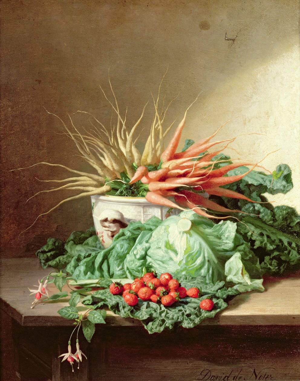 Stilleven van Aardbeien, Wortels en Kool door David Emil Joseph de Noter