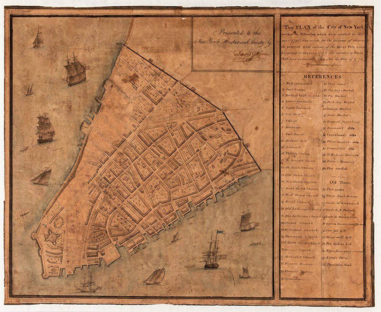 Plan van de stad New York binnen de Palissaden, opgericht in 1745, om de voortgang en omvang van de Grote Brand te tonen door David Grim