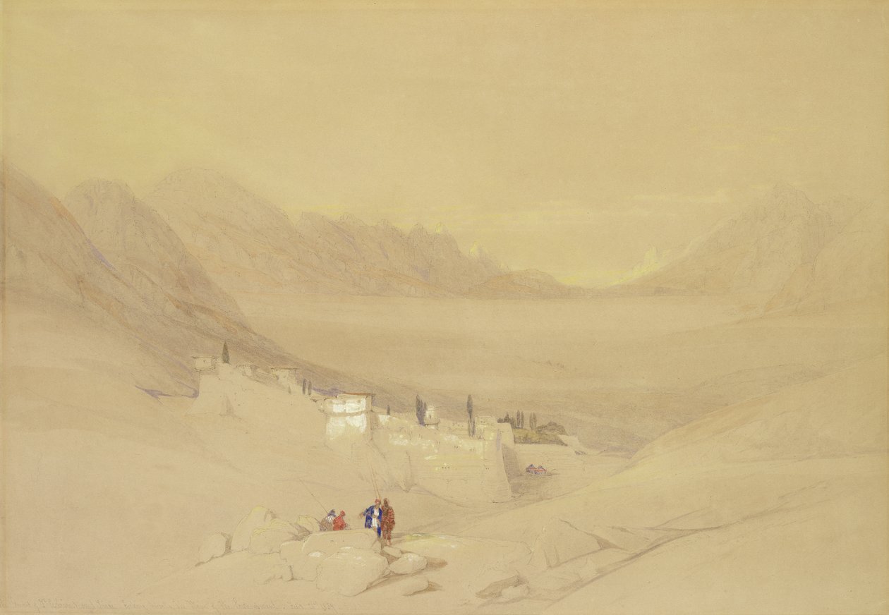 Het klooster van St. Catherine, Sinaïberg, kijkend naar de vlakte van het kamp, 1839 door David Roberts