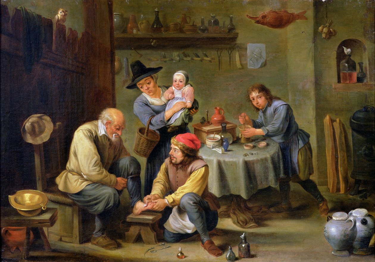 Chirurg die de voet van een oude man verzorgt door David Teniers the Younger